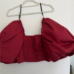 Aje Crimson Puff-Sleeve Cropped Top